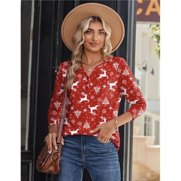 V-Neck Henley Long Sleeve Top | Flowy Casual & Dressy Blouse - Picture 4 of 6